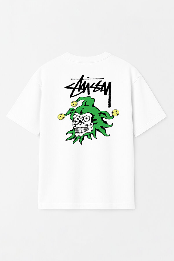 Unisex Stüssy Joker Baskılı Oversize %100 Pamuk Geniş Kesim Dokulu Bisiklet Yaka T-Shirt RF0538
