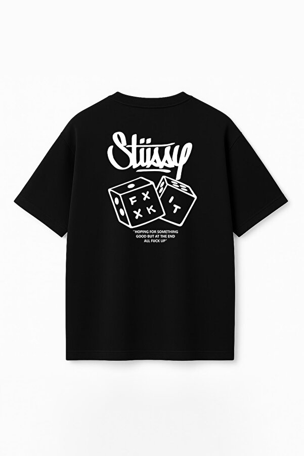 Unisex Stüssy Zar Hoping Baskılı Oversize %100 Pamuk Geniş Kesim Dokulu Bisiklet Yaka T-Shirt RF0537