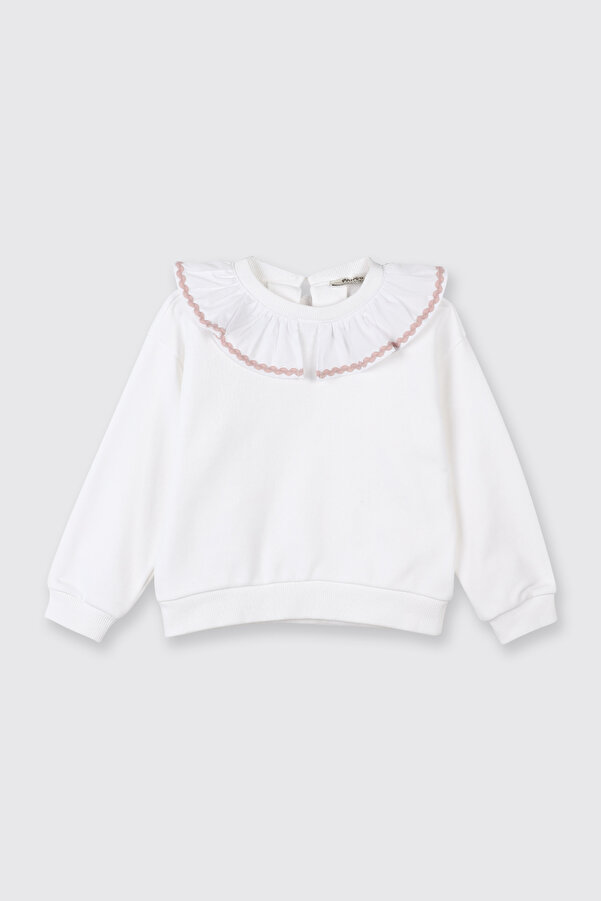 Panço Kız Bebek Fırfır Yaka Detaylı Su Taşı Detaylı Beyaz Sweatshirt