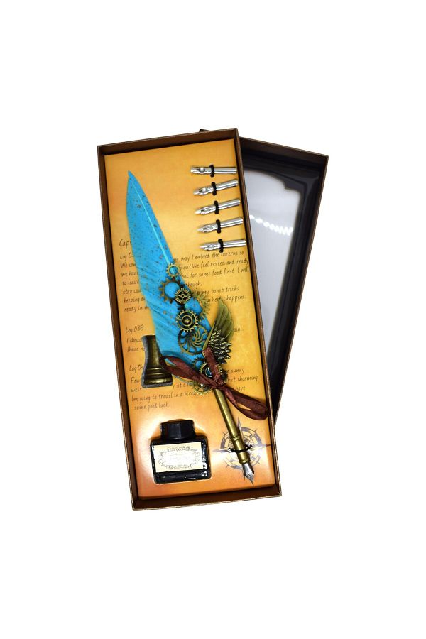 OEM-Writing Quill Set with Steampunk Accents, Elegant Gift with Case and Ink Included, Blue Color 1