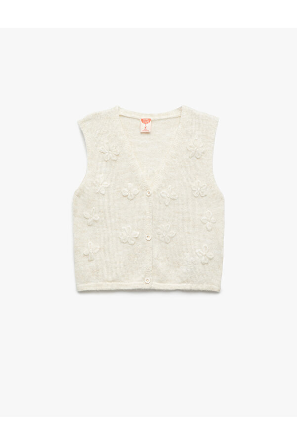 Koton Çiçek Aplikeli Düğmeli V Yaka Triko Süveter