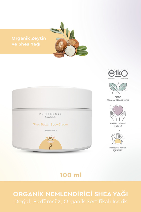 PETITECARE baby&kids Organik Bebek ve Çocuk Nemlendirici Shea Yağı, Doğal, Parfümsüz, Organik Sertifikalı İçerik, 100 ML