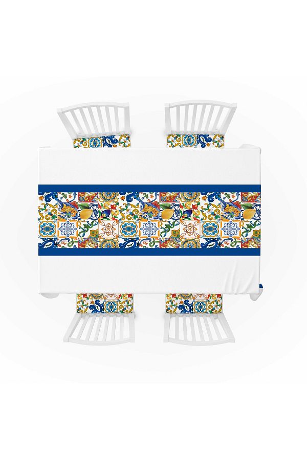 güzelmağaza-Tile Pattern Digital Printing Double Sided Sponge Zipper 4 Pcs. Cushion 1 Pc. Runner Set of 5 1