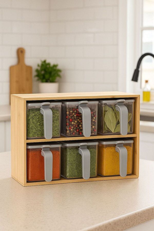 Bayev-Wenken Bamboo Stand 6-Piece Spice Rack Set 3490 - Spice Set with Spoon and Lid 1