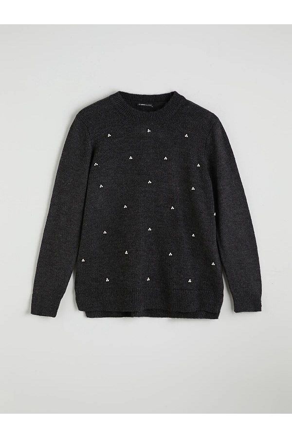 LC Waikiki-LCWAIKIKI Pulover clasic pentru femei, cu decolteu rotund, brodat cu margele (W5) 1