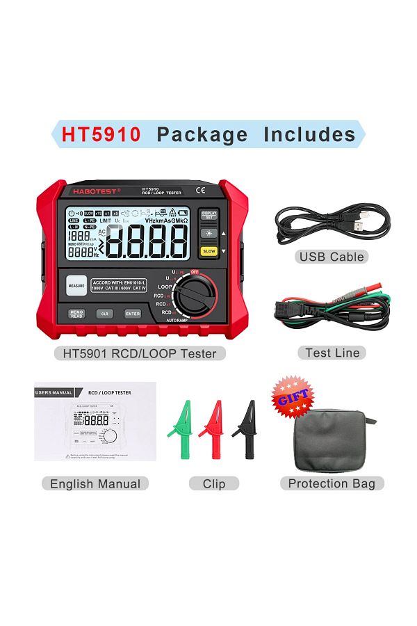 Choice-HT5910 HABOTEST جهاز اختبار تسرب التيار HT5910، مقياس مقاومة رقمي بشاشة LCD، جهاز اختبار RCD/Loop، 1000 بيانات 1