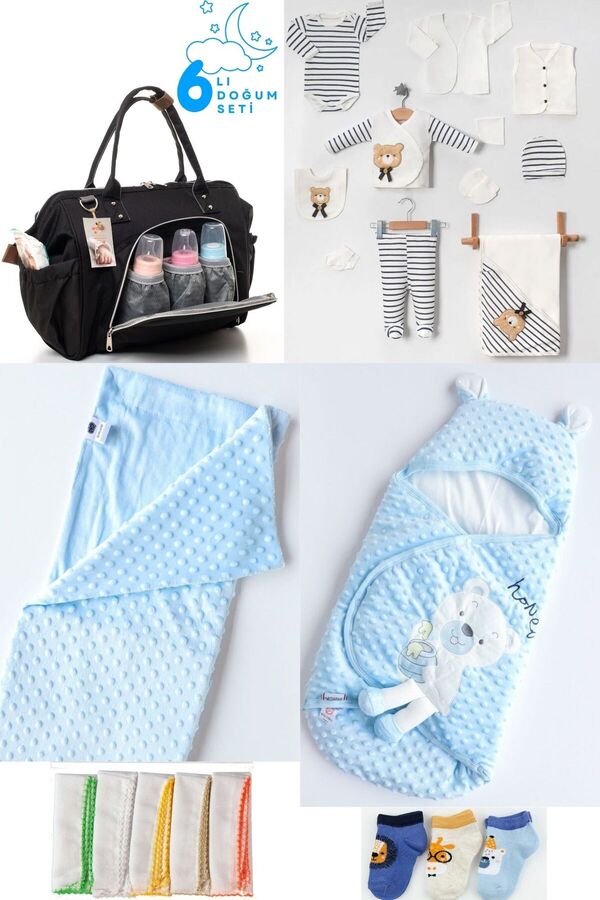 Pimadyo 6'lı Set (Bebek Bakım Sırt ve Omuz Çantası,10'lu Hastane Çıkışı,Kundak,Battaniye, 3 Çorap 10 Mendil)