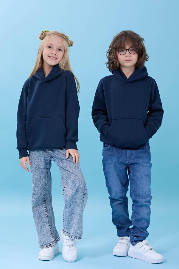 Perendi Unisex Kapüşonlu Kanguru Cepli Şardonlu Kışlık Sweatshirt - Lacivert