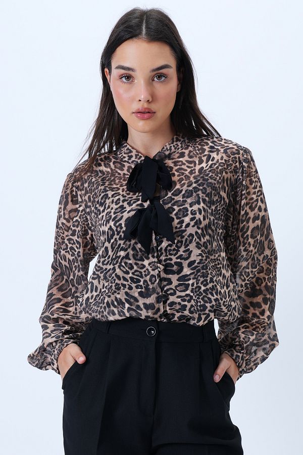 Trend Alaçatı Stili-Leopard Judge Collar Bow Patterned Woven Shirt and Adjustable Strap Blouse Set Alc-X14324 1