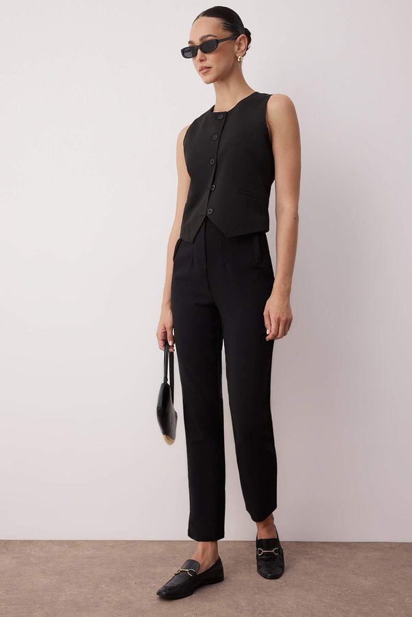 Trendyol Collection Black Cigarette Fit Pleated High Waist Ankle-Length Woven Fabric Pants TWOSS20PL0515