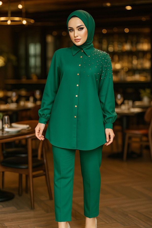 Neva Style-Pearl Detailed Green Hijab Double Suit 12461Y 1
