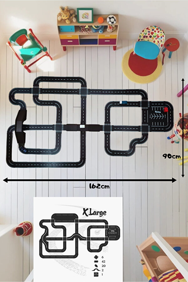 kalides Oyuncak Araba Yarış Pisti, Araç Parkuru (X-LARGE) - Eğitici Yol Seti Ahşap Oyuncak- Otoban Puzzle