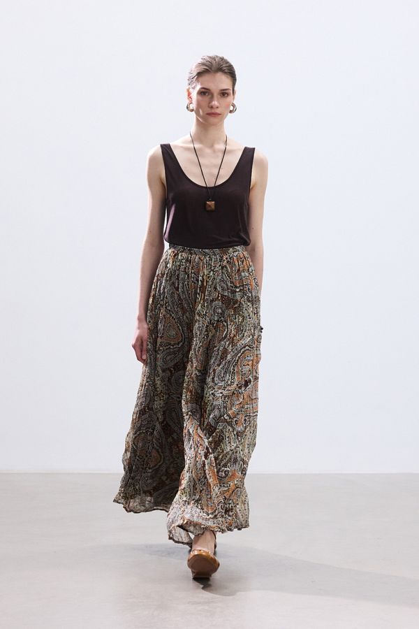 BE BLUE-Brown Boho Patterned Skirt with Crash 1
