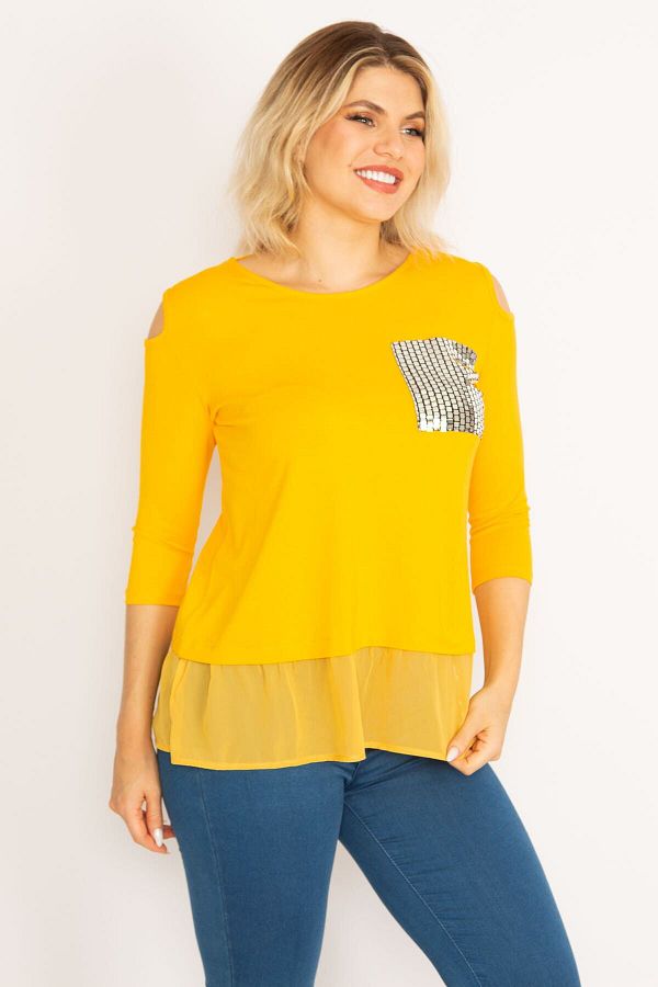 Şans-Women's Large Size Yellow Shoulder Low-cut Stone Detailed Skirt Tip Chiffon 65n32048 1