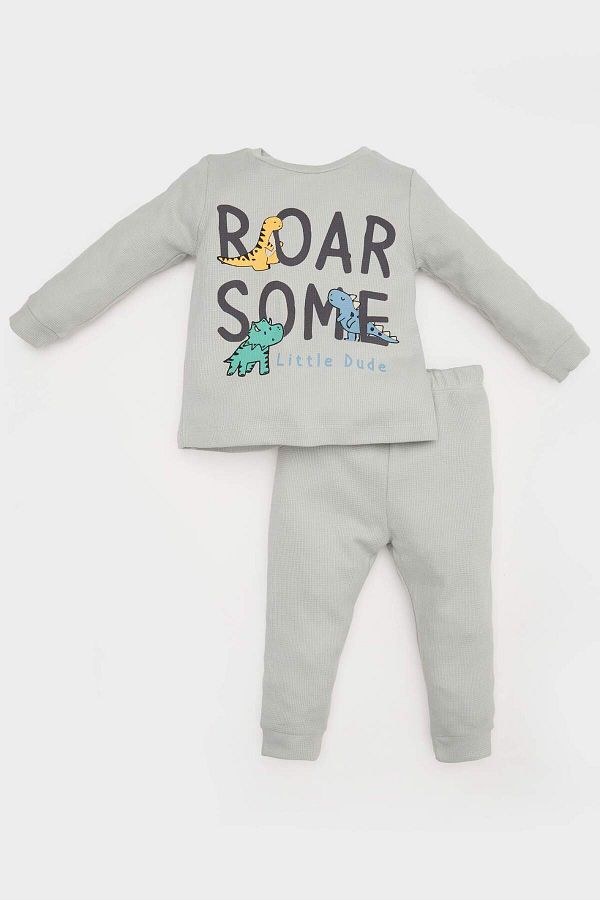 DeFacto-Men Pajama Set - Dinosaur Print Waffle Pattern Long Sleeves Elastic Bottom 1