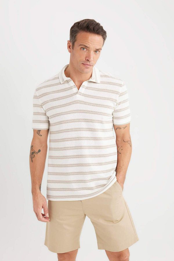 DeFacto-Regular Fit Polo Neck Striped Short Sleeve Knitwear Look T-Shirt D7941Ax25Sp 1
