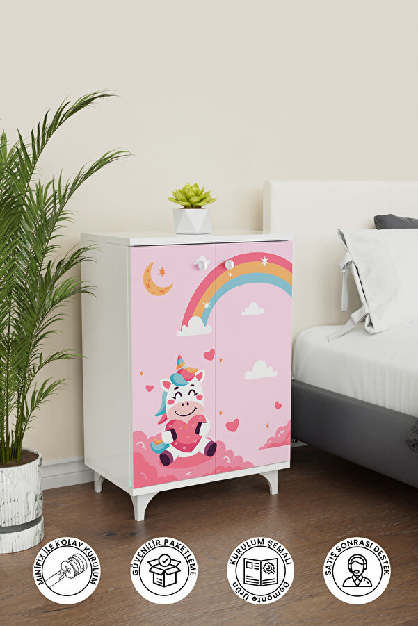Hediyeler Kapında Pink Dream 2 Raflı Çok Amaçlı Dolap Çocuk Odası Dolabı Beyaz