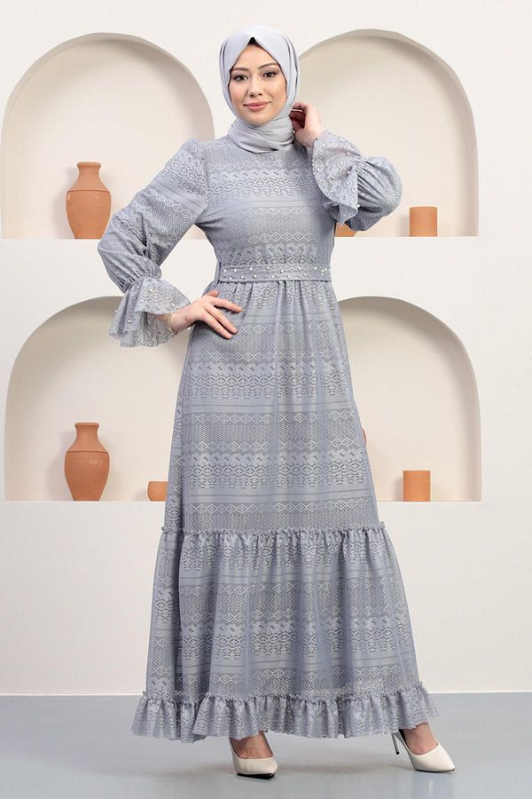 Modamihram-Pearl Detailed Lace Evening Dress Gray 12239 1
