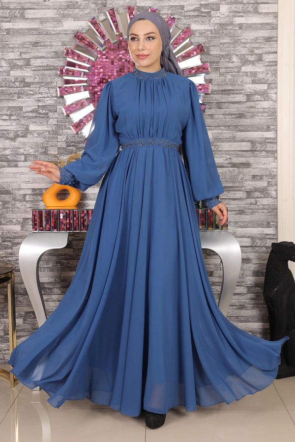 Modamihram-Stone Detailed Chiffon Evening Dress Indigo 19109 1