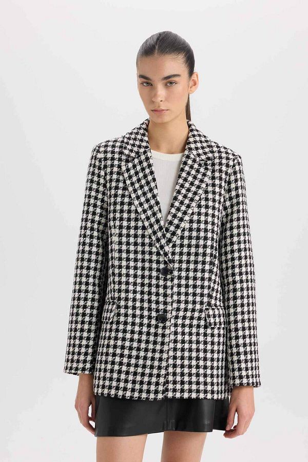 DeFacto-Oversize Wide Fit Jacket Lapel Buttoned Tweed Pattern Blazer Jacket V2814Az24Au 1