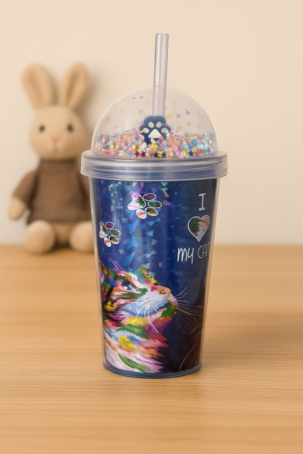 Kitchen Life-Hand-Non-Burning Double Layer Neon Cat Patterned Sparkling Glass with Straw 600 ml – Fun Drink Cup 1
