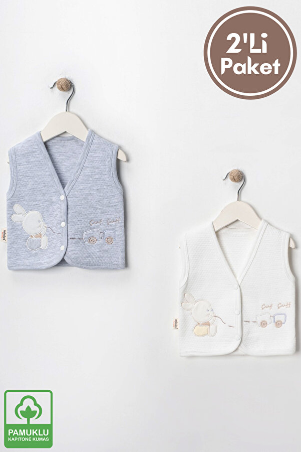 Miniel Unisex Bebek Tavşan Nakışlı Organik Pamuklu 3-6-9 Ay 2li Kapitone Bebek Yelek - Gri