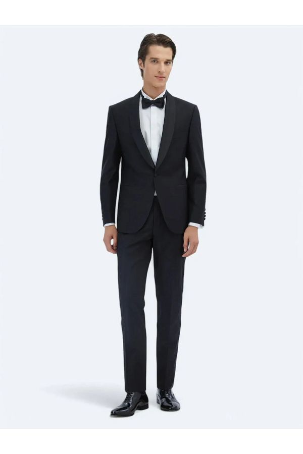 Kip-Black Plain Slim Fit Shawl Collar Woven Tuxedo Suit 1