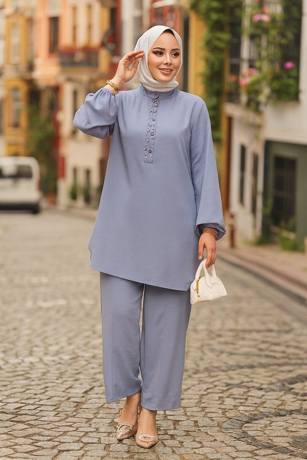 Neva Style-Pearl Detailed Gray Hijab Double Set 12802Gr 1