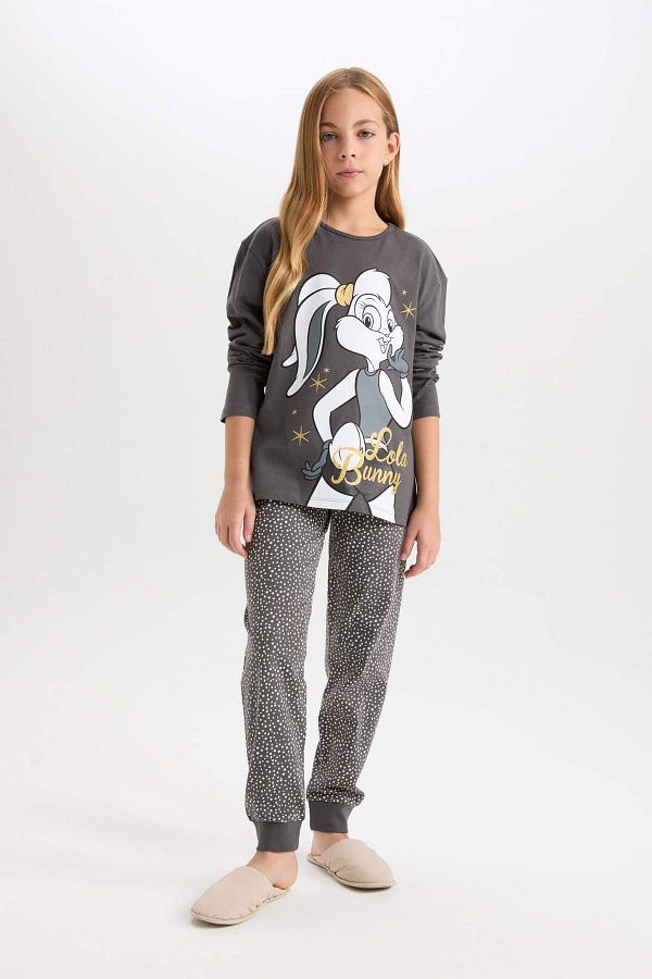 DeFacto-Mädchen-Pyjama-Set Looney Tunes Langarm-Oberteil mit elastischem Bund und langem Unterteil D6657A824WN 1