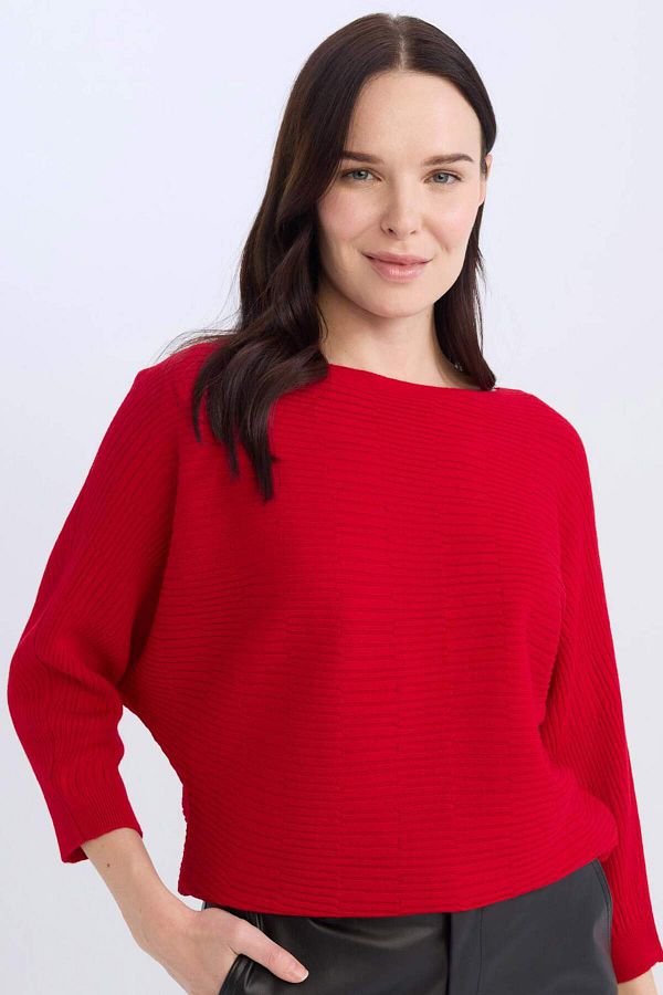 DeFacto-Roter Basic-Strickpullover mit U-Boot-Ausschnitt und Fledermausärmeln D7670AX24AU 1