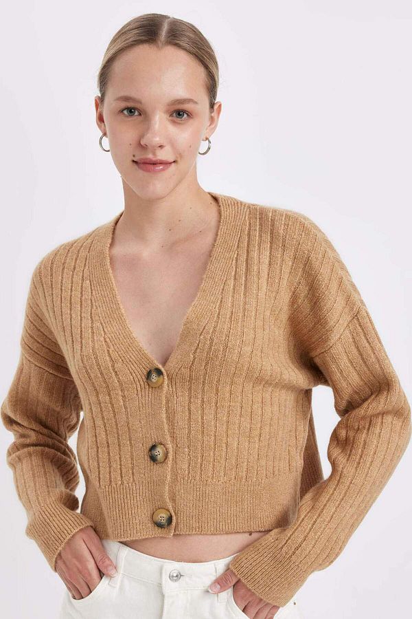 DeFacto-Pletený svetr Regular Fit s výstřihem do V Basic Plain Button R1389AZ24WN 1