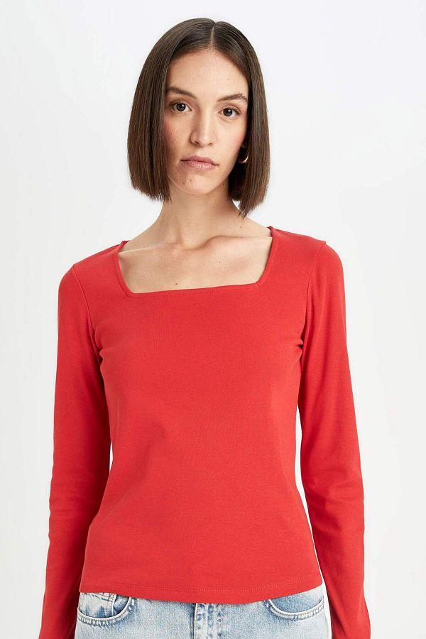 DeFacto-Regular Fit Square Neck Basic Plain Ribbed Camisole Long Sleeve Red T-Shirt D7506Ax24Au 1