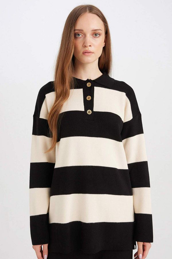 DeFacto-Regular Fit Polo Collar Buttoned Striped Sweater Tunic D2442Ax24Wn 1