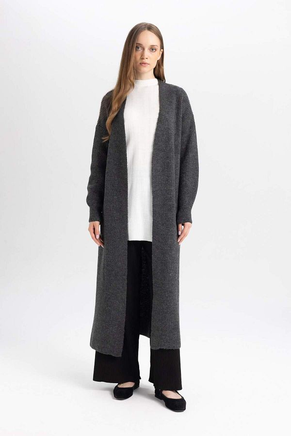 DeFacto-Regular Fit Basic Unifarbene Lange Strickjacke D4367AX24WN 1