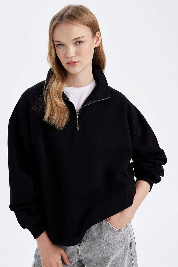 DeFacto-Hanorac negru, simplu, gros, cu fermoar, cu buzunar, cu guler în picioare, oversize D7206AX24WN 1