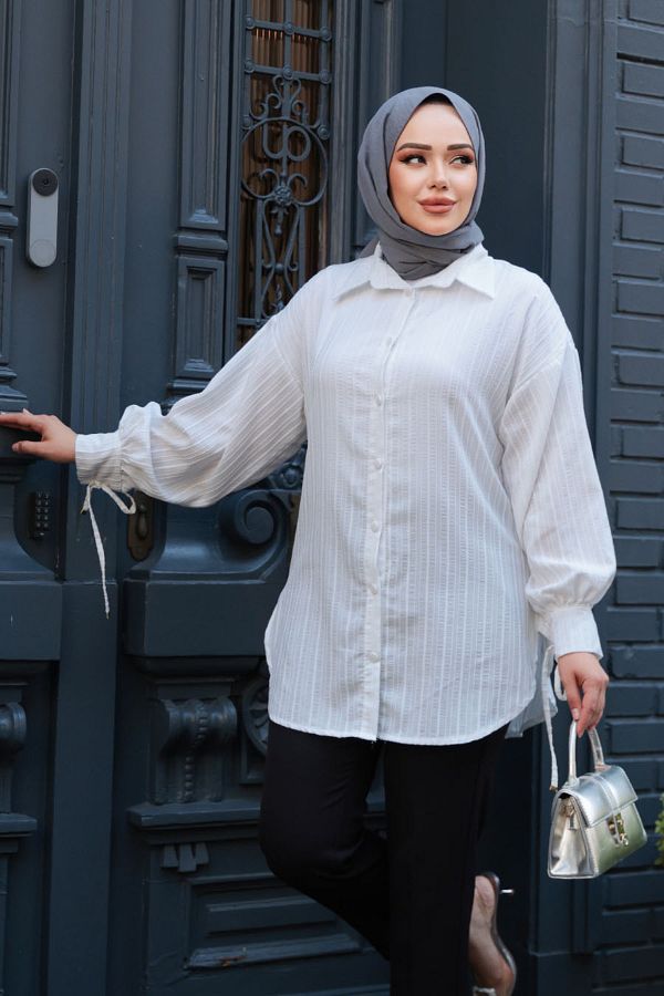 N.S NEVA STYLE-Striped Ecru Hijab Tunic 101016E 1