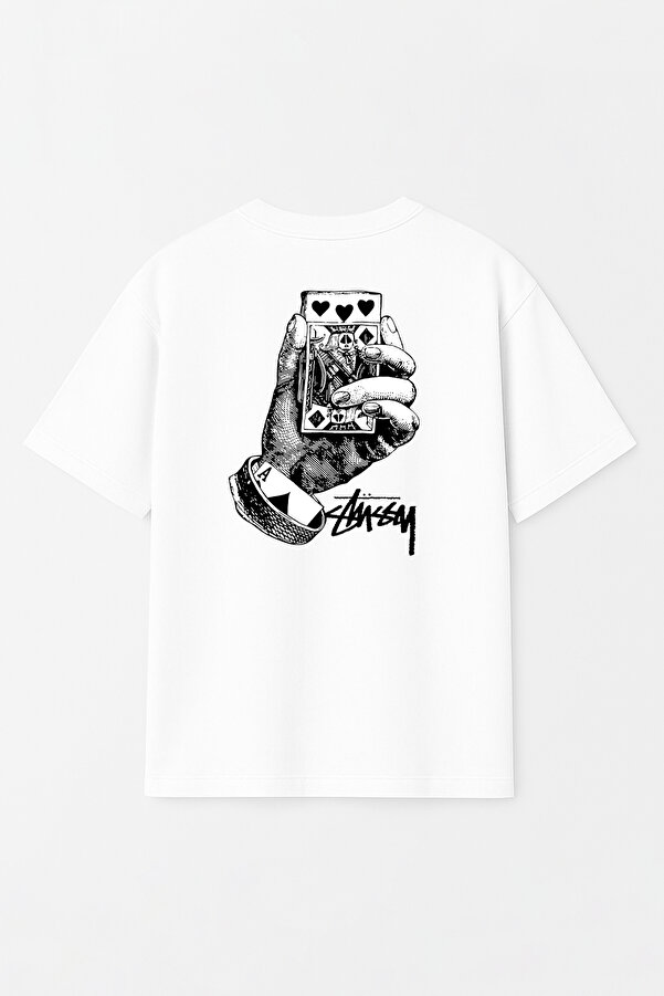 Unisex Stüssy Deck Card Baskılı Oversize %100 Pamuk Geniş Kesim Dokulu Bisiklet Yaka T-Shirt RF0540