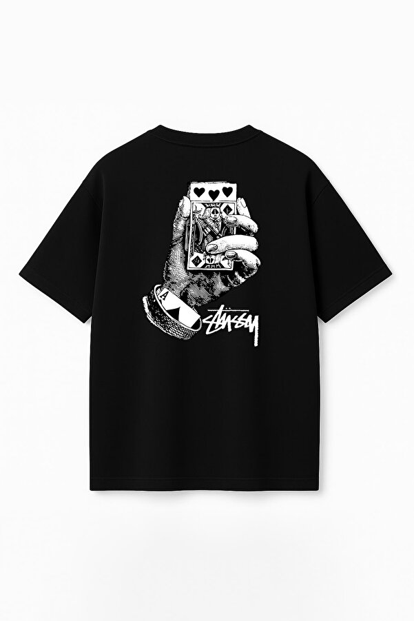 Unisex Stüssy Deck Card Baskılı Oversize %100 Pamuk Geniş Kesim Dokulu Bisiklet Yaka T-Shirt RF0540