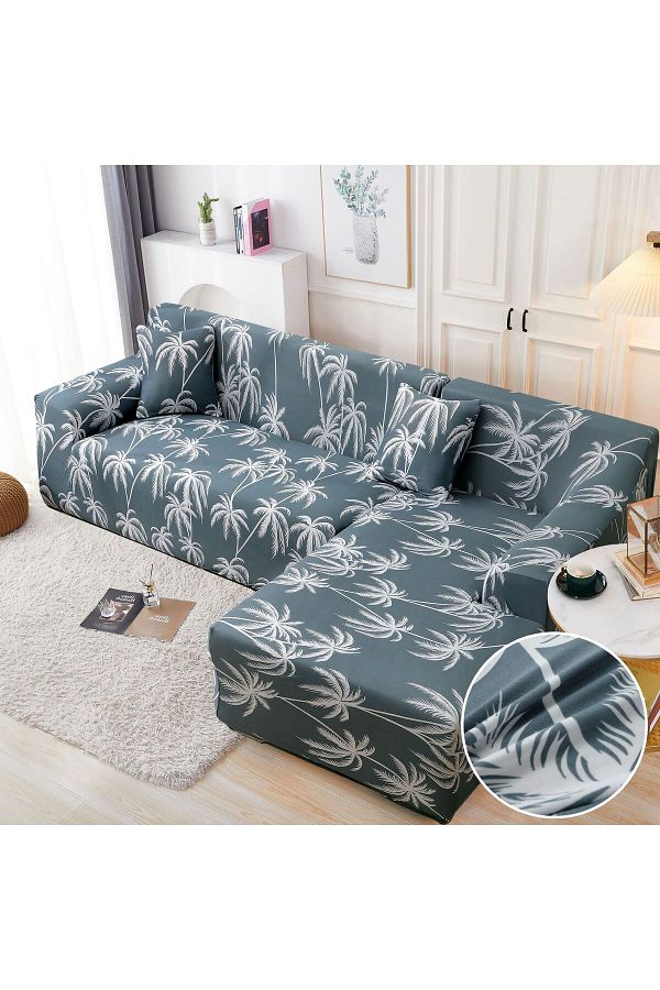 trendyhome-Husă elastică pentru canapea de colț, bumbac elastic, 3 locuri + 2 locuri, gri/alb, J11269 1