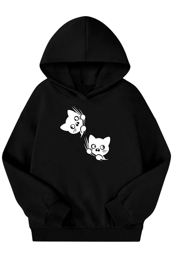 VBSVİBES-Unisex Black Children's Hooded Sweatshirt – Cat Printed, Thick Fabric with Hood 1