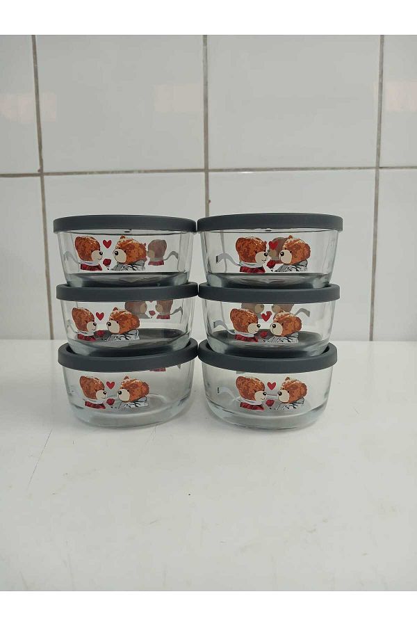 LAV-Feyzade Round Storage Container Set 6 Pieces Teddy Bear Patterned 380Cc Storage Container Anthracite Lid 1