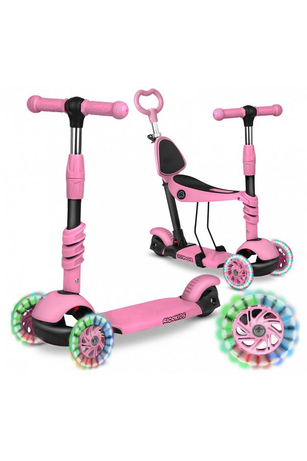 Ricokids-4 in 1 scooter for children Todi Pink, adjustable seat with backrest, removable parental handle 1