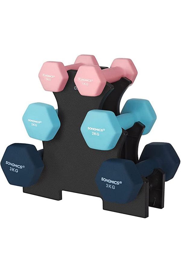 SONGMICS-Set of 6 hexagonal dumbbells with stand, 2x1 kg 2x2 kg 2x3 kg, multicolor 1