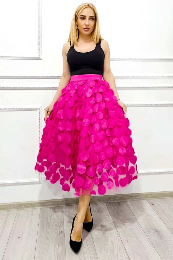 FashionForYou-Zefira Occasion Skirt, with tulle, satin applications and 3D polka dots, Fuchsia, Size S/M 1