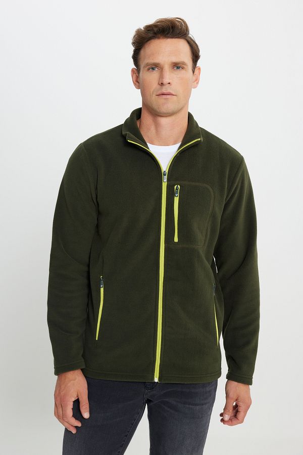 AC&Co / Altınyıldız Classics-Men's Khaki Standard Fit Regular Cut Stand Collar Pocket Zipper Cold Proof Sweatshirt Fleece Jacket 1