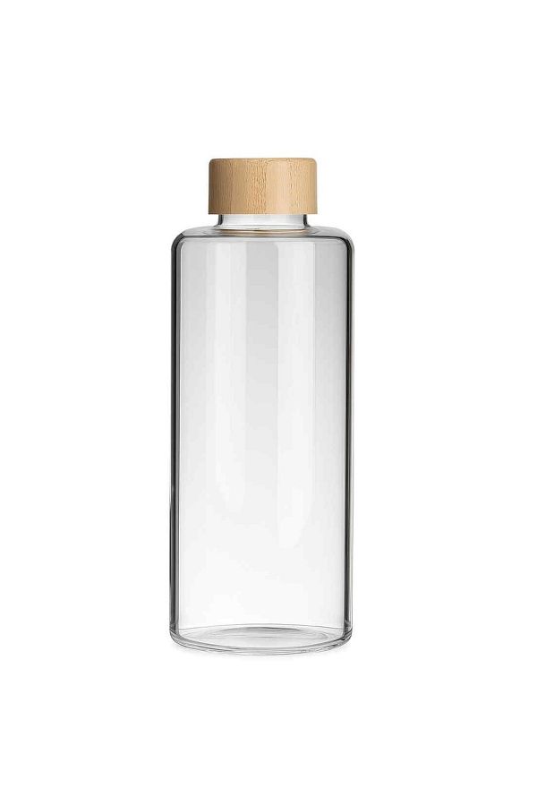 PUFO-Hydrate bottle for water or liquids made of borosilicate material, bamboo lid, 1L 1