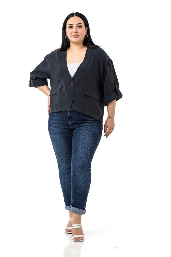DISENTIS MODEST-Plus Size One Button Short Black Jacket with Low Half Sleeves Epaulettes Pockets 1