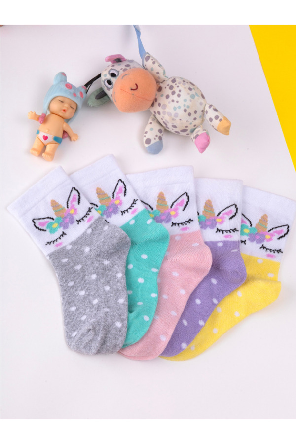 Hobins Sportswear & Company 5'Çift Bebek & Çocuk Çorabı Unicorn Desenli Okul,Günlük,Dört Mevsim çorap