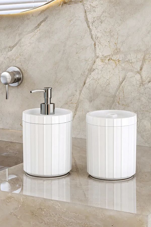 DOVİHOME-Double XL Large Size Line Pattern 700ml Countertop Silver Pump Liquid Soap Dispenser and Cotton Lint Set White 1