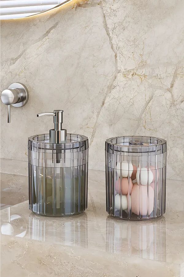 DOVİHOME-Double XL Large Size Line Pattern 700ml Countertop Silver Pump Liquid Soap Dispenser Set Smoked 1